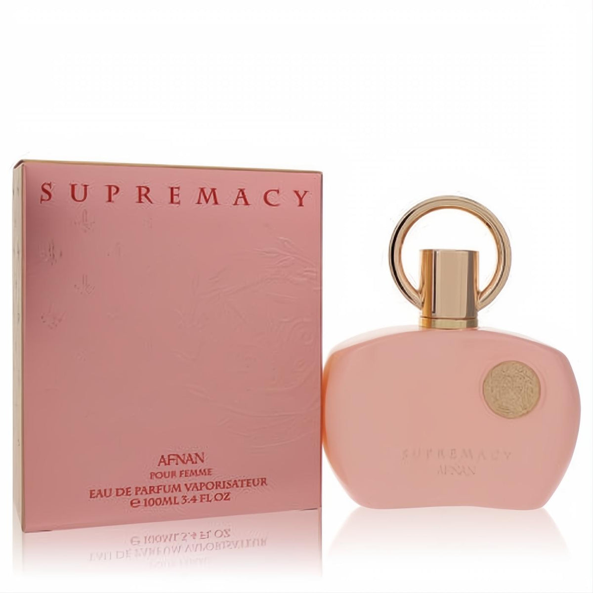 Elegant Afnan Supremacy Pink 3.4 oz Eau De Parfum. Smooth pink bottle with a striking gold ring cap and matching box.