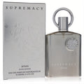 Supremacy Silver Afnan 3.4 oz men's Eau de Parfum. Sleek silver bottle, metallic ring cap, and embossed matching box.