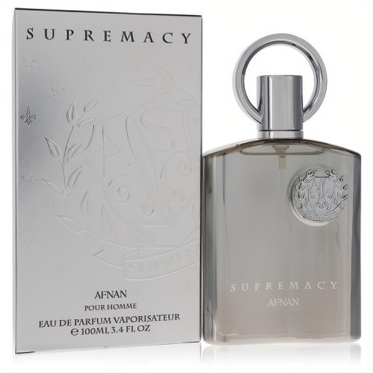 Supremacy Silver Afnan 3.4 oz men's Eau de Parfum. Sleek silver bottle, metallic ring cap, and embossed matching box.