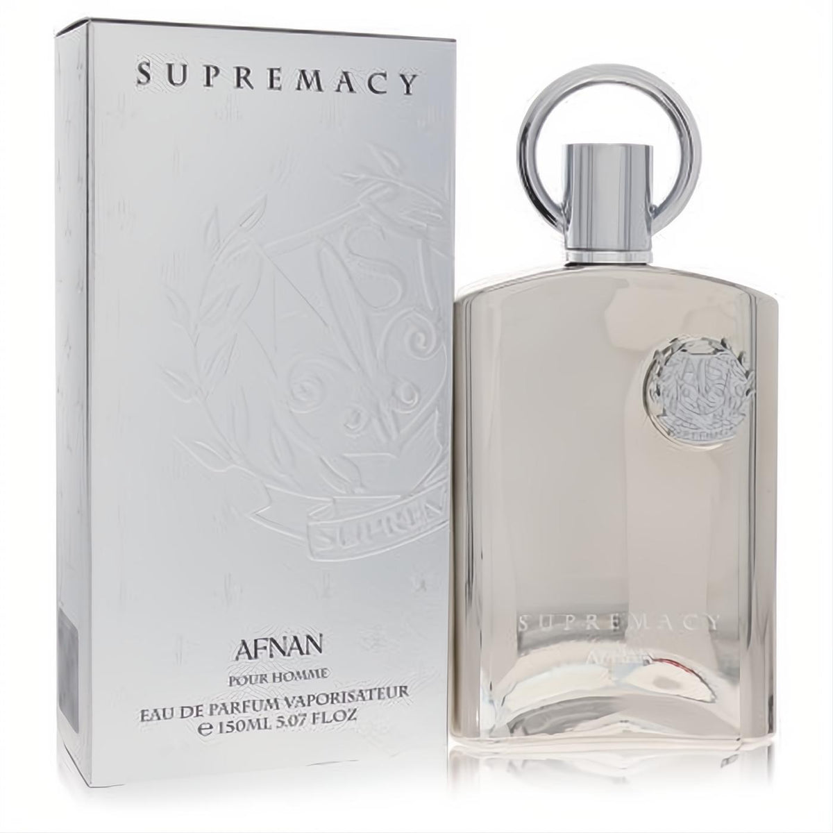 Elevate your scent with Supremacy Silver Afnan 5 oz men's EDP. Features a sleek metallic silver bottle, unique ring cap, and embossed box.