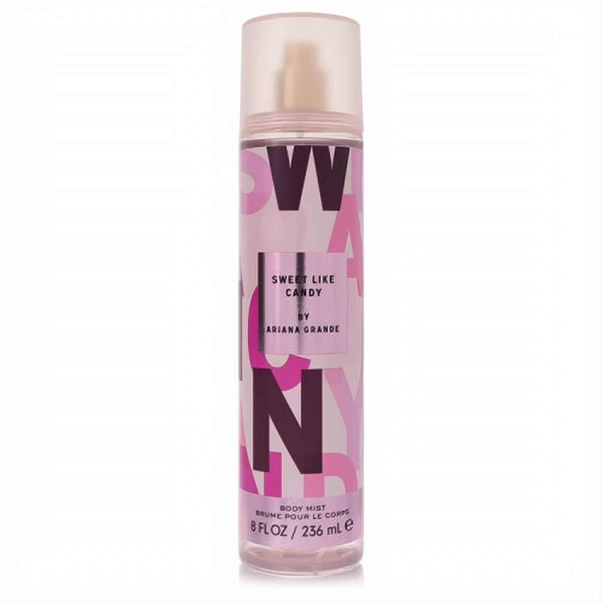 Ariana Grande Sweet Like Candy 8 oz women's body mist. Clear bottle with vibrant pink & purple label, gold sprayer.