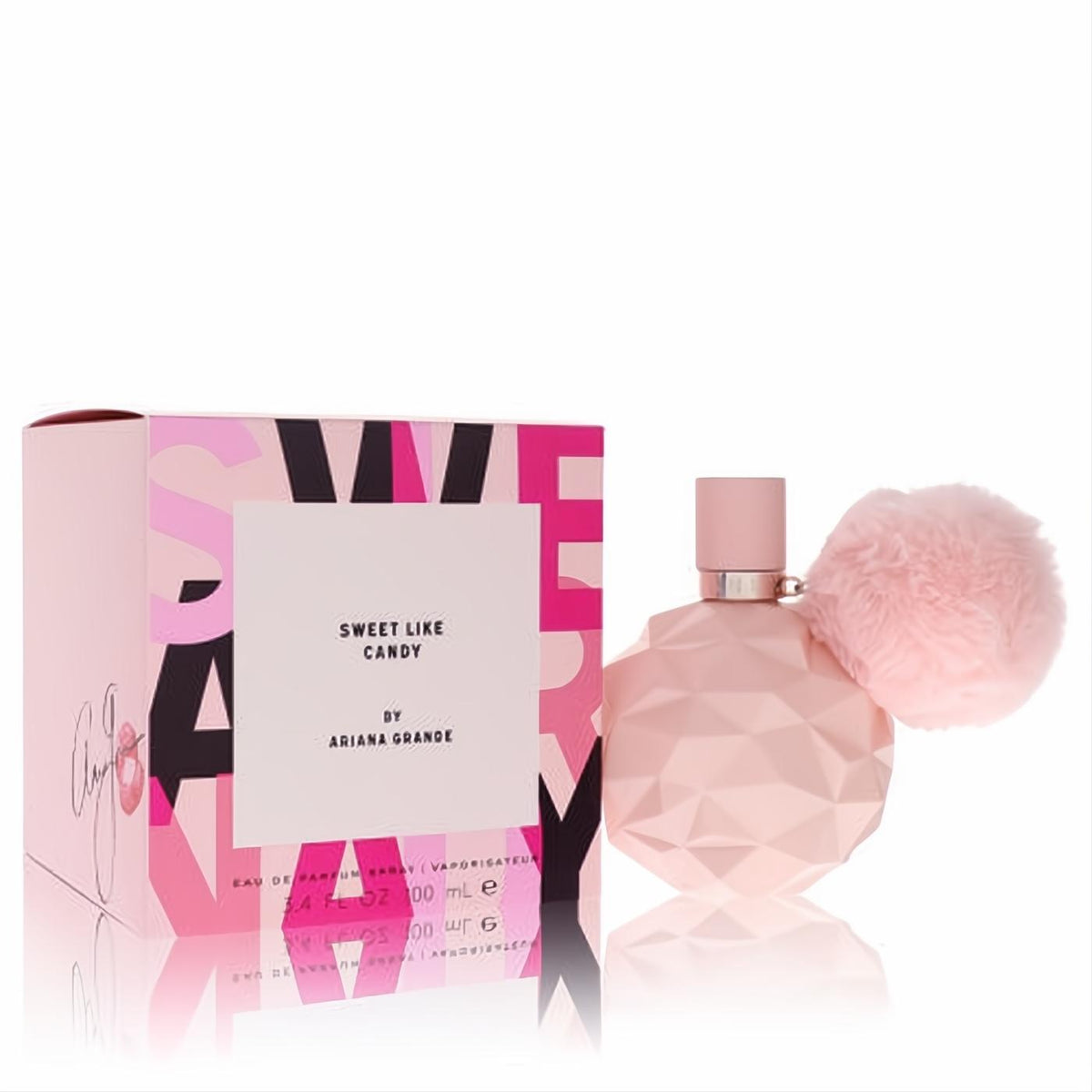 Ariana Grande Sweet Like Candy 3.4 oz EDP. Pink faceted bottle with playful pom-pom, next to its vibrant pink box.