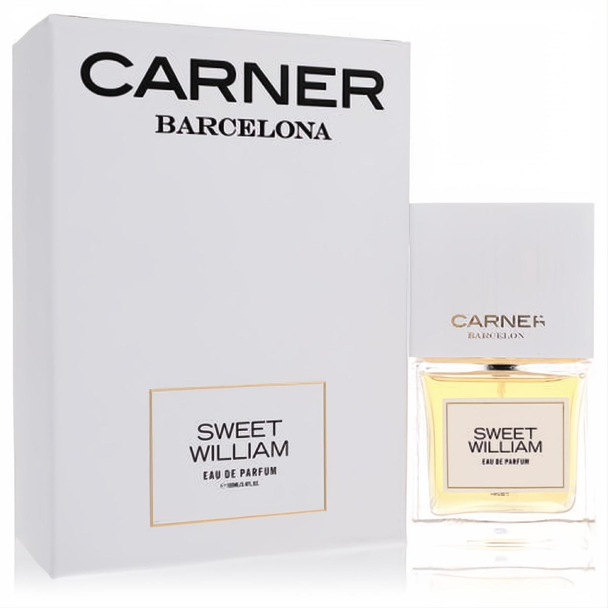 Sweet William Carner Barcelona 3.4 oz EDP. Clear glass bottle with golden fragrance, white cap, and elegant white box.