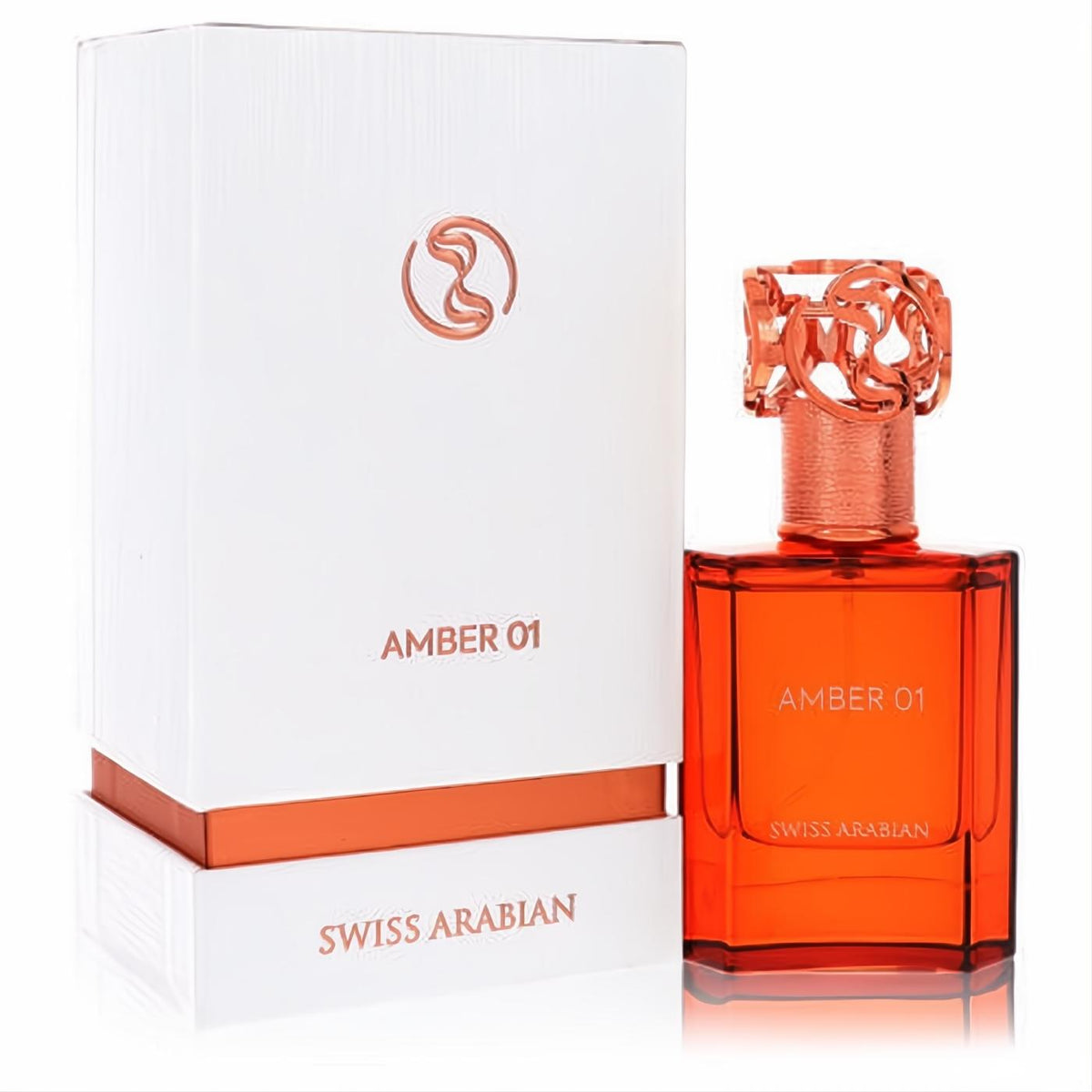 Luxurious Swiss Arabian Amber 01 Eau De Parfum 1.7 oz. Vibrant amber bottle, intricate rose gold cap, and elegant white box.