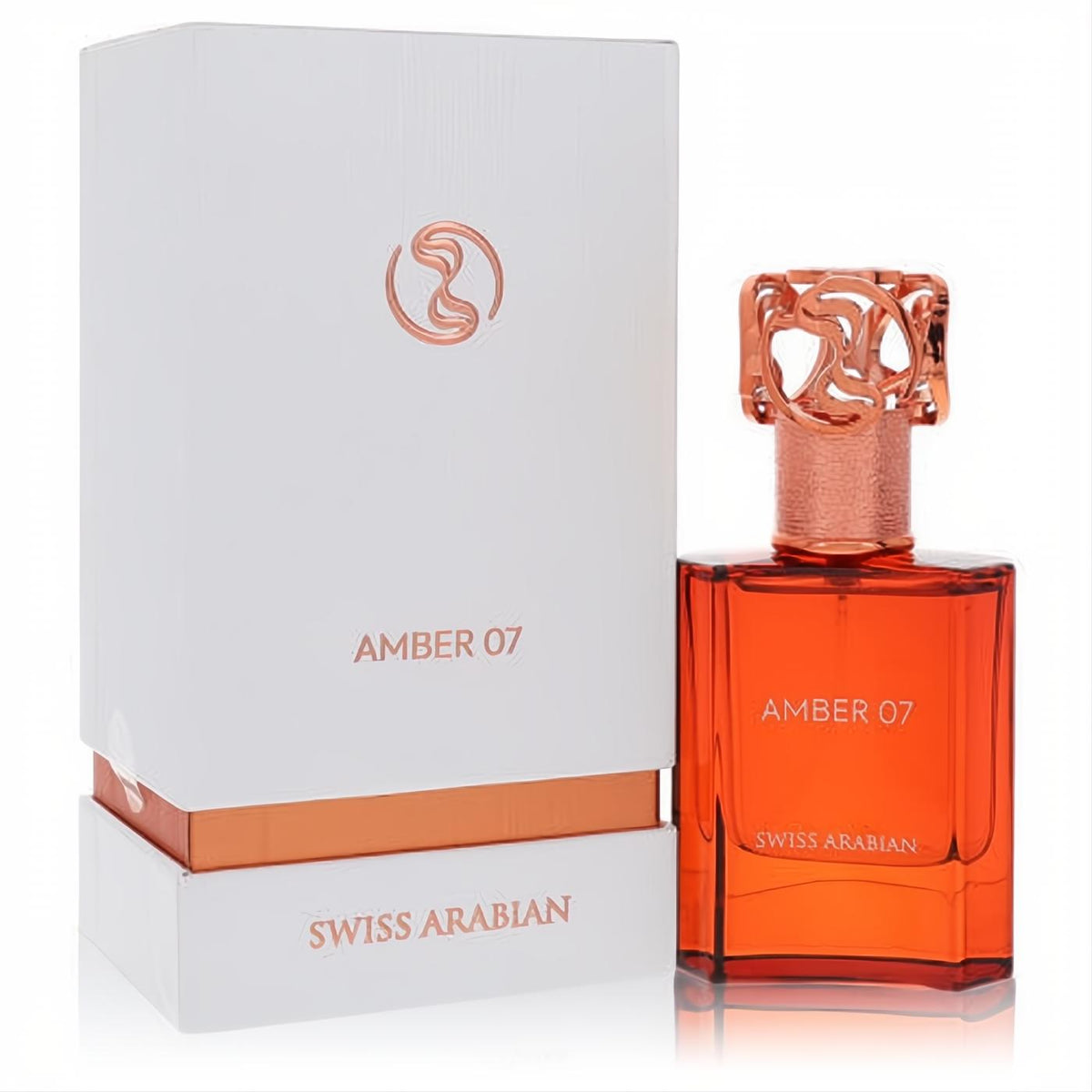 Luxurious Swiss Arabian Amber 07 unisex EDP 1.7 oz. Features a radiant amber bottle, intricate rose gold cap, and elegant white box.