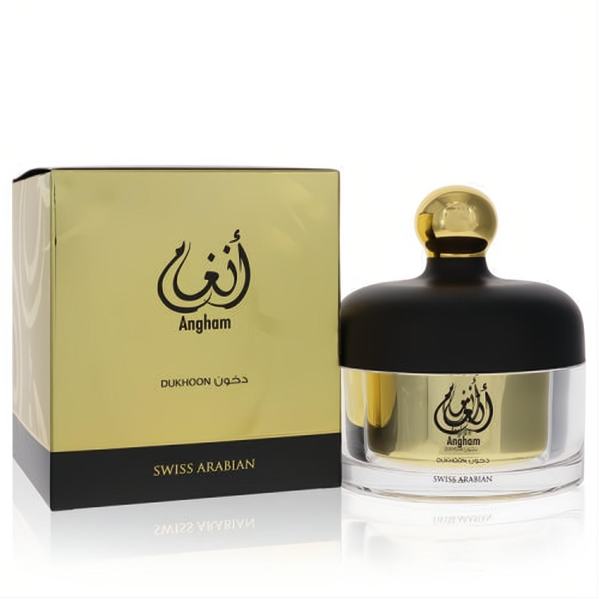 Luxurious Swiss Arabian Angham Dukhoon unisex incense in a clear glass bottle with a gold cap and elegant black and gold box.