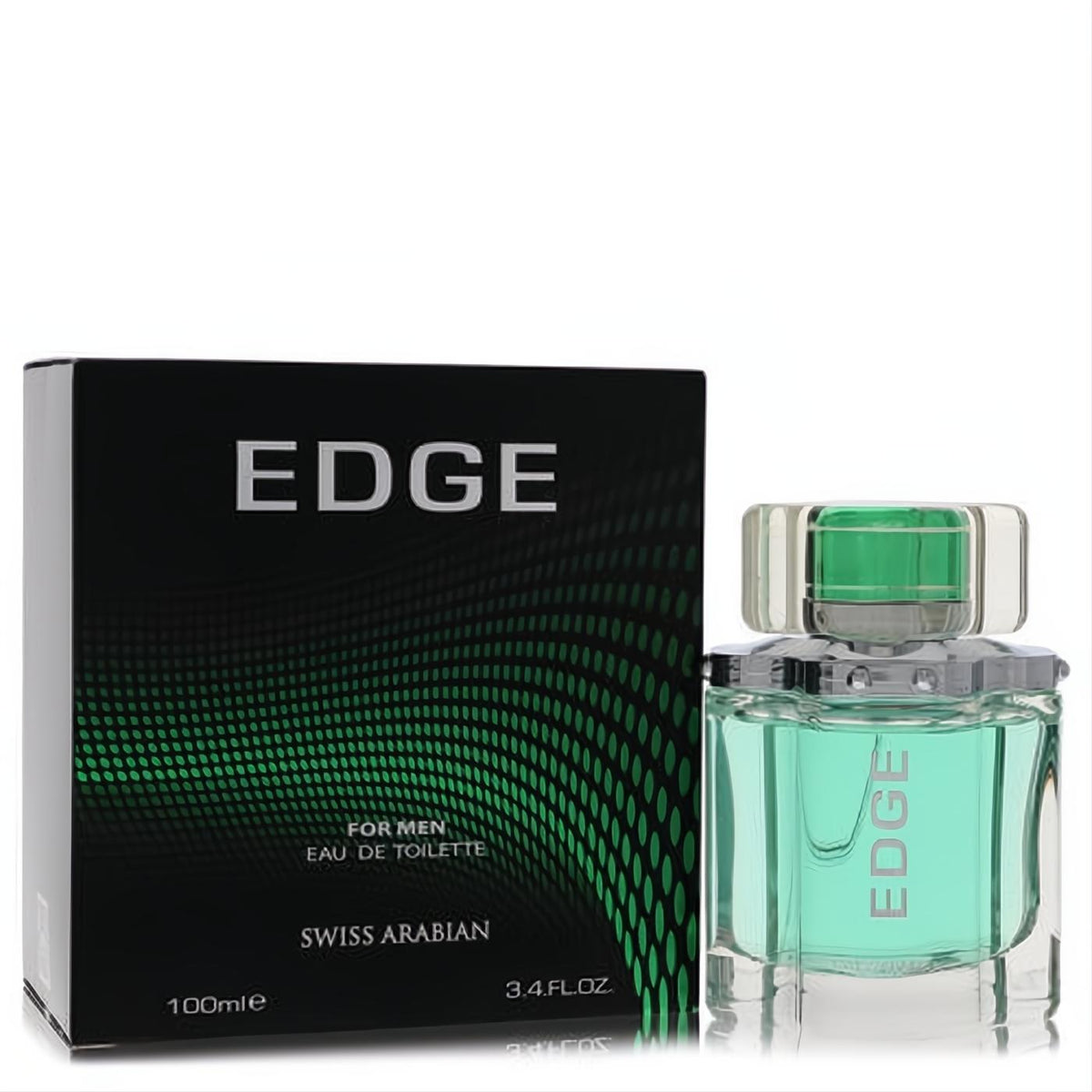 Swiss Arabian Edge men's 3.4 oz EDT. Modern clear glass bottle with refreshing green liquid and sleek black box.