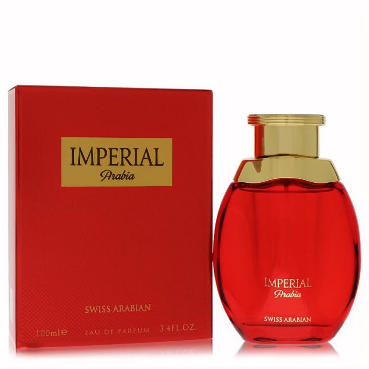 Vibrant red Swiss Arabian Imperial Arabia 3.4 oz unisex perfume bottle with sleek curved design, elegant gold cap, and matching box.