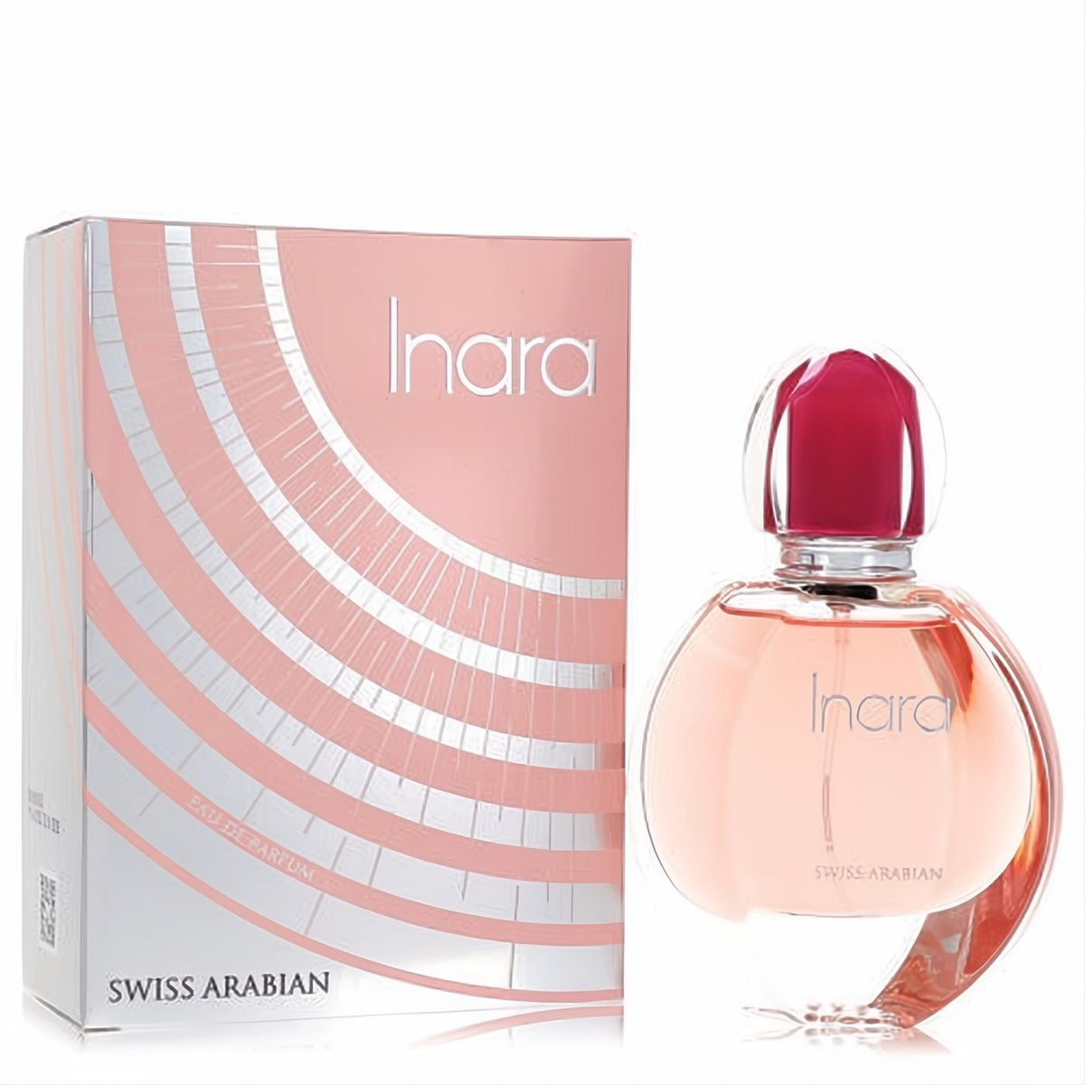Experience Inara 1.86 oz EDP: elegant clear glass bottle with peachy liquid, striking magenta cap, and pink/silver box.