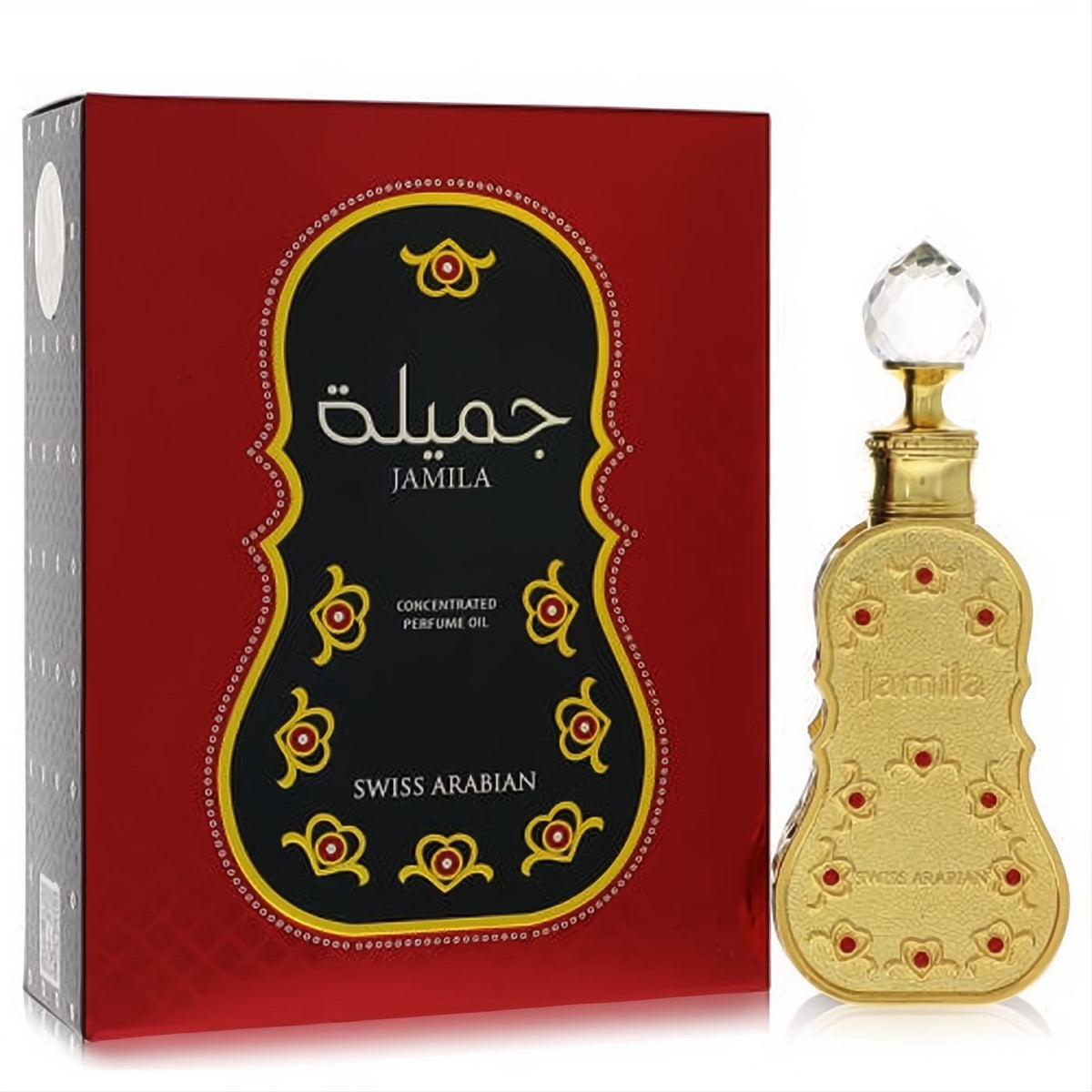 Exquisite gold Swiss Arabian Jamila concentrated perfume oil bottle with crystal stopper, beside its ornate red box.