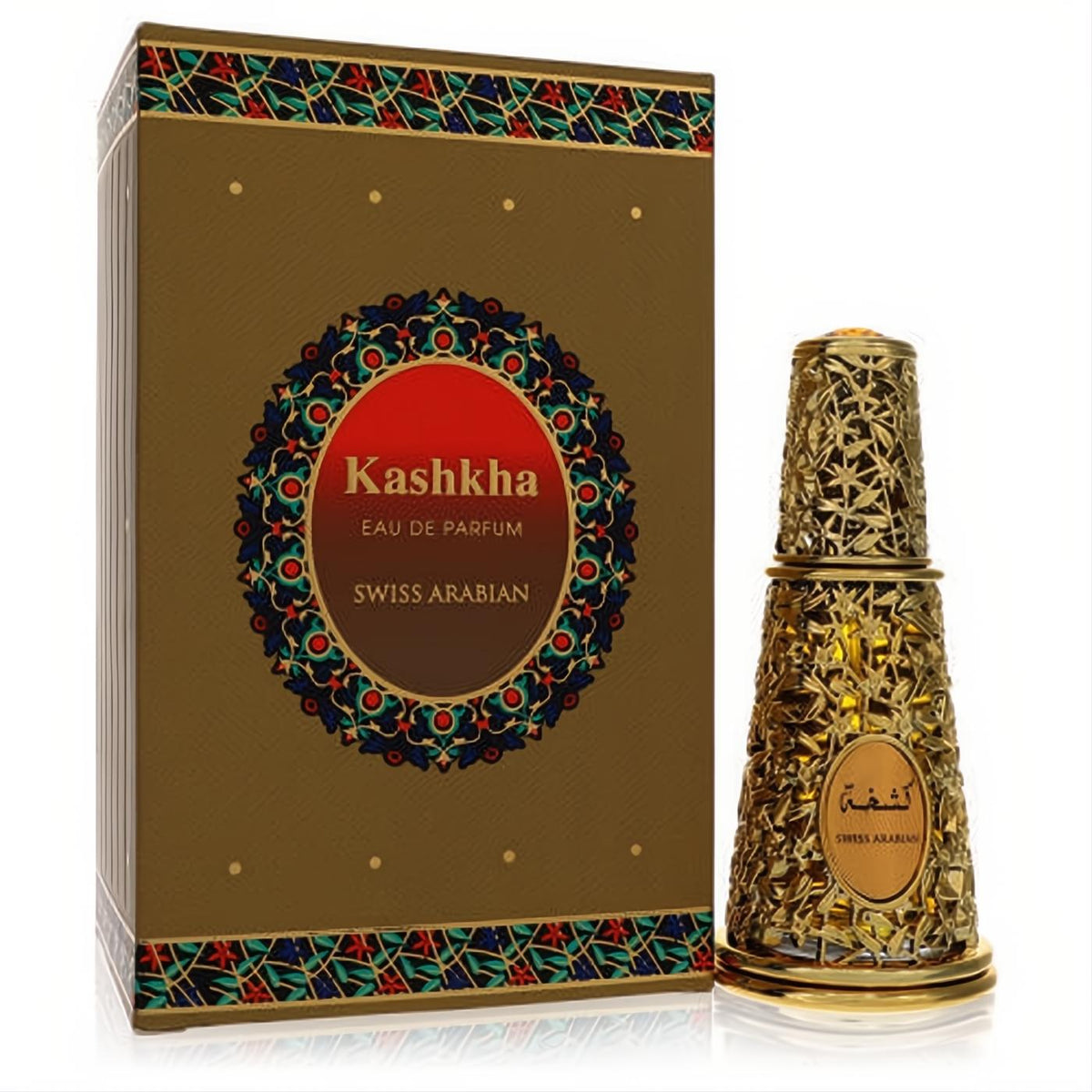 Luxurious Swiss Arabian Kashkha unisex perfume in an ornate gold filigree bottle with an amber gem cap and matching box.