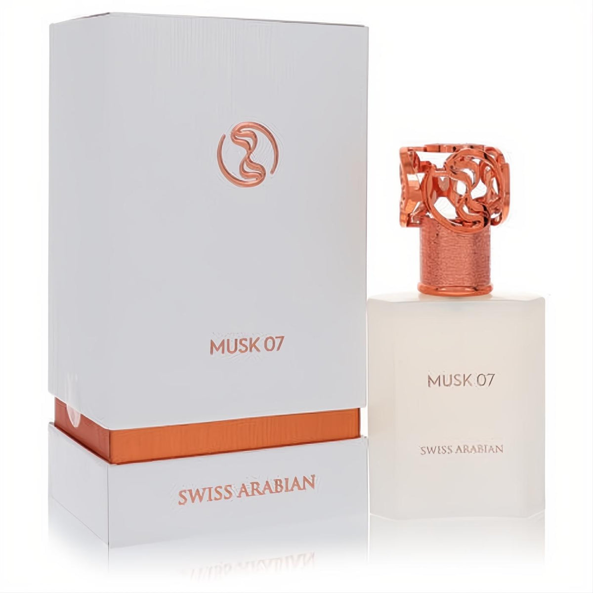 Swiss Arabian Musk 07 unisex fragrance. Frosted bottle with ornate rose gold cap and elegant white box.