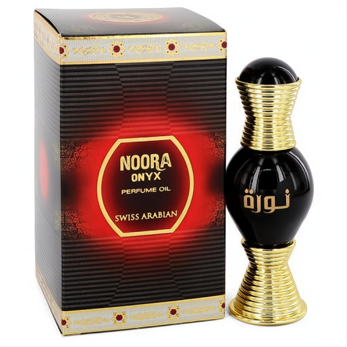 Luxurious Swiss Arabian Noora Onyx perfume oil. Ornate black bottle with gold ribbed accents, beside its elegant black and gold box.