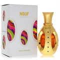 Stunning Swiss Arabian Nouf gold perfume bottle with purple accents and unique cut-outs, next to its vibrant, patterned white box.
