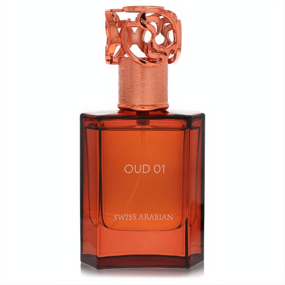 Captivating Swiss Arabian Oud 01 fragrance in a sleek amber bottle, crowned with an intricate rose gold cap.