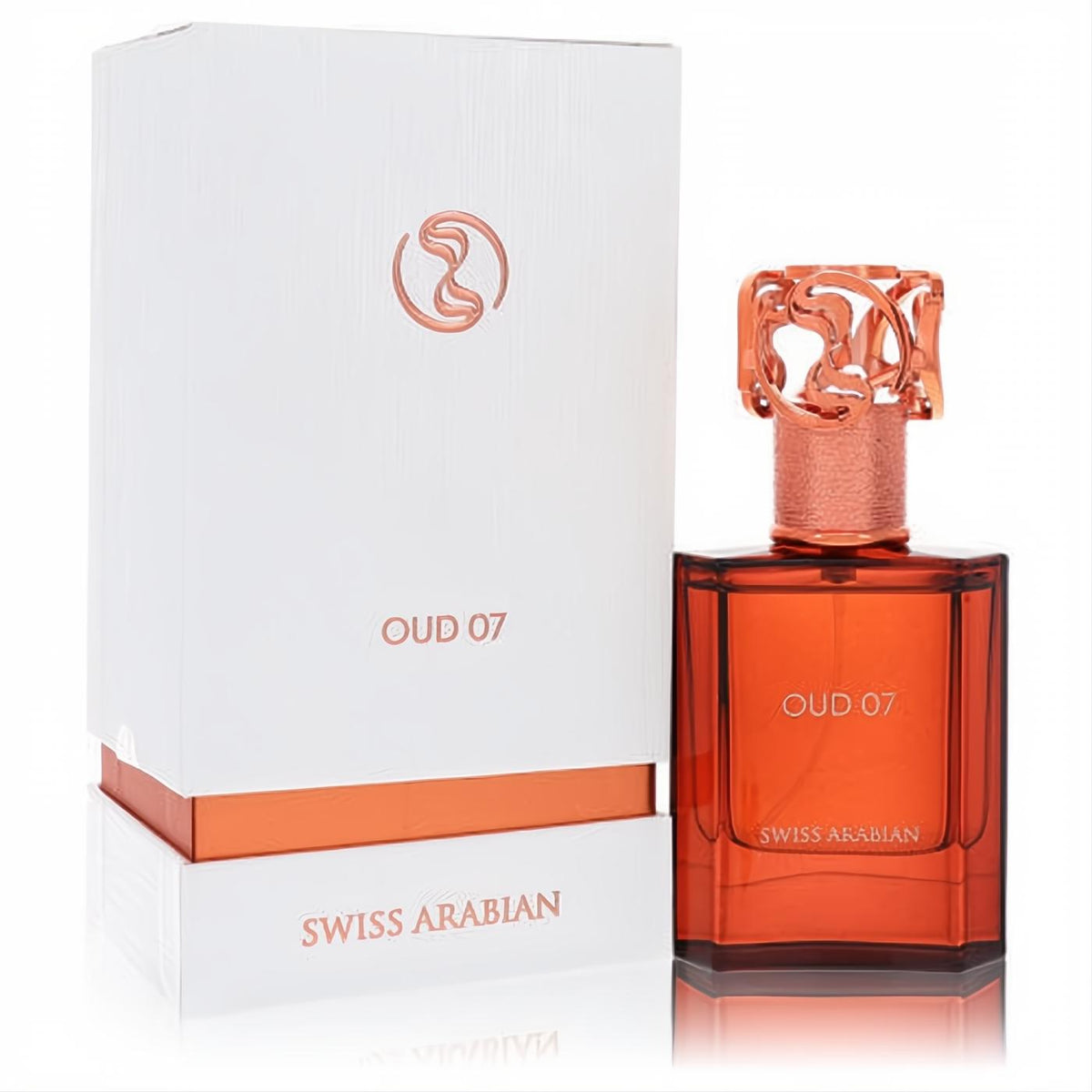 Luxurious Swiss Arabian Oud 07 unisex 1.7 oz EDP. Features a rich amber bottle with an ornate rose gold cap and elegant white box.