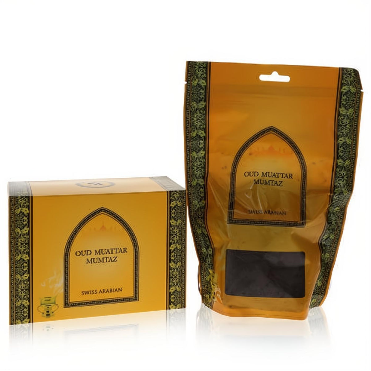Luxurious Swiss Arabian Oud Muattar Mumtaz incense. Golden box and pouch with elegant Arabian design, showing dark oud inside.
