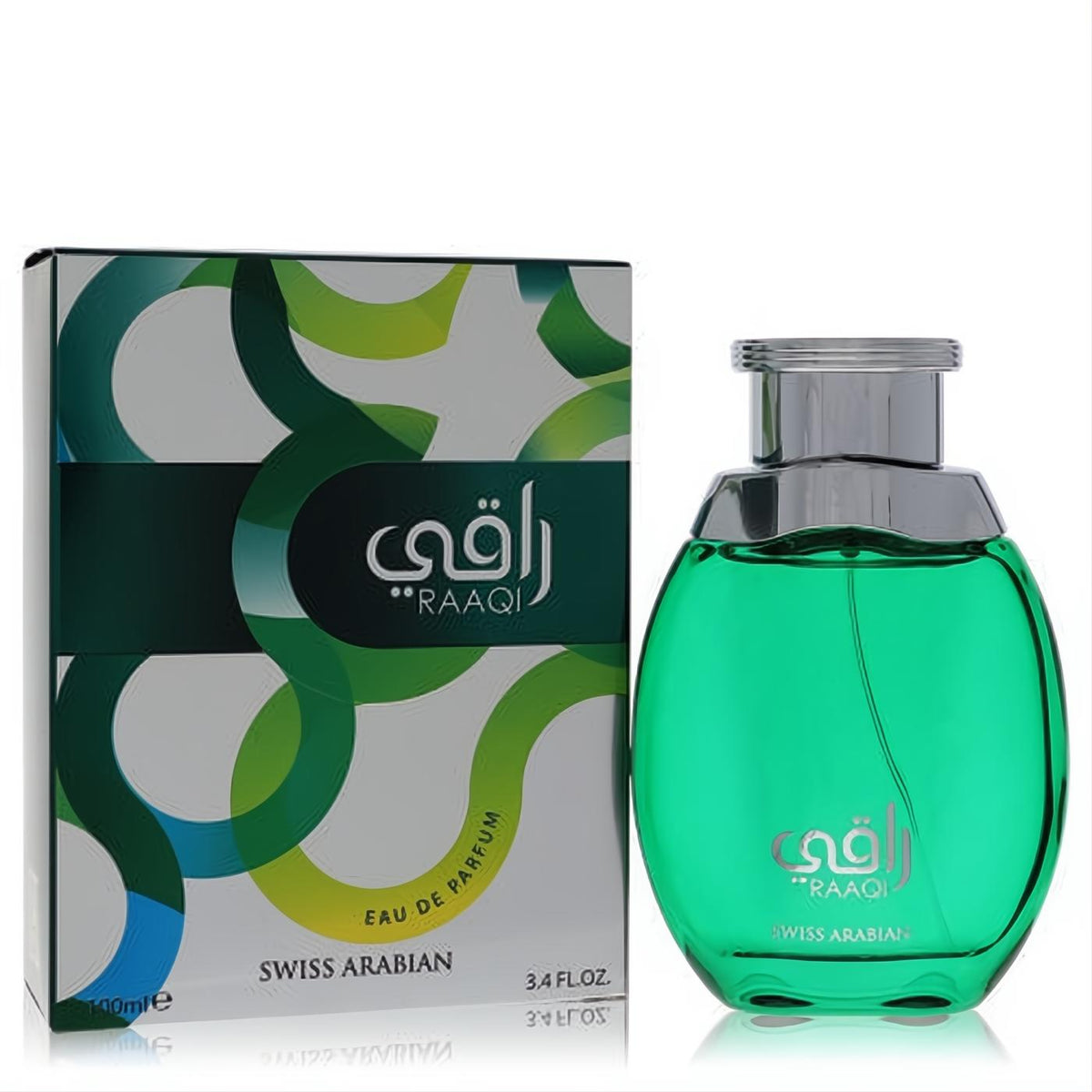 Swiss Arabian Raaqi 3.4 oz unisex Eau De Parfum: vibrant green bottle, sleek silver cap, and modern white box with abstract green design.