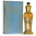 Swiss Arabian Rasheeqa 1.7 oz Eau de Parfum. Elegant amber and gold bottle with a blue gem cap, next to its ornate blue box.