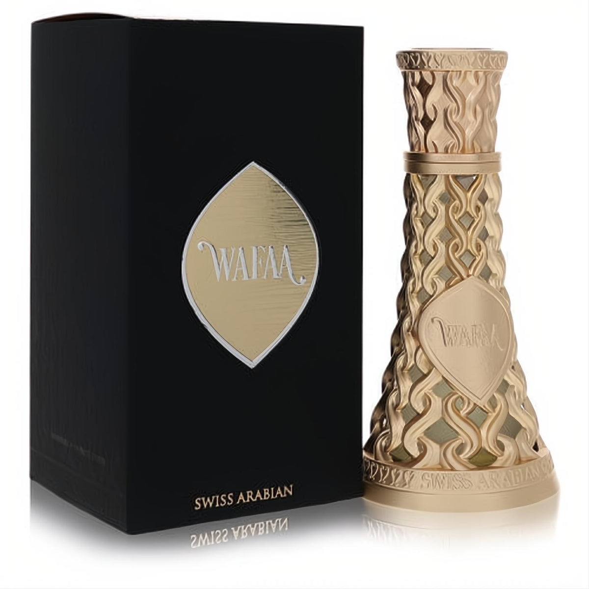Luxurious Swiss Arabian Wafaa unisex perfume, 1.7 oz, in an ornate gold bottle with intricate filigree and a sleek black box.