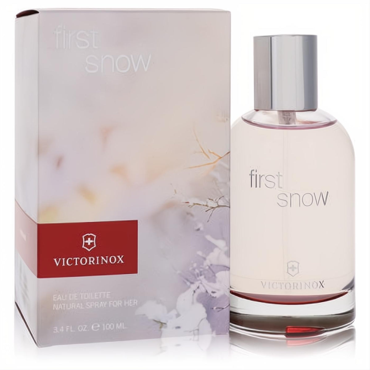 Victorinox First Snow EDT spray for women, 3.4 oz. Clear bottle with silver cap, red band, and elegant snowy box.