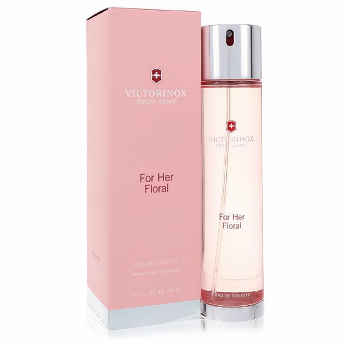 Victorinox Swiss Army Floral 3.4 oz EDT for women, in a soft pink box and elegant clear glass bottle.