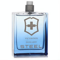 Bold Victorinox Swiss Army Steel men's fragrance in a sleek clear glass bottle with cool blue gradient and iconic shield.