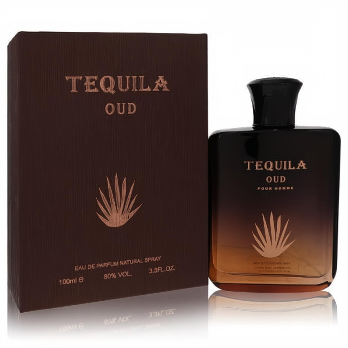 Luxurious Tequila Oud 3.3 oz Eau De Parfum. Ombre brown glass bottle with gold agave design and elegant matching box.