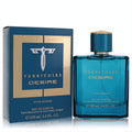 Territoire Desire 3.4 oz men's Eau De Parfum. Sleek teal blue glass bottle with gold cap, beside a luxurious matching blue & gold box.