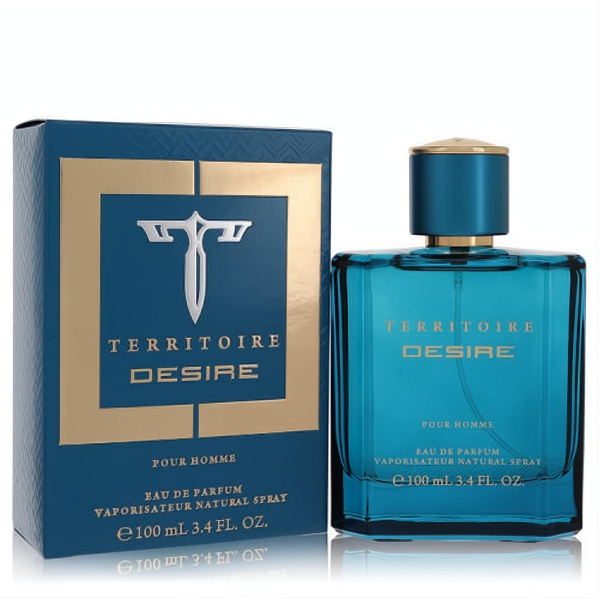 Territoire Desire 3.4 oz men's Eau De Parfum. Sleek teal blue glass bottle with gold cap, beside a luxurious matching blue & gold box.