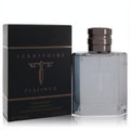 Territoire Platinum men's 3.4 oz cologne. Bold black box with bronze "T" logo, elegant clear glass bottle, dark cap.