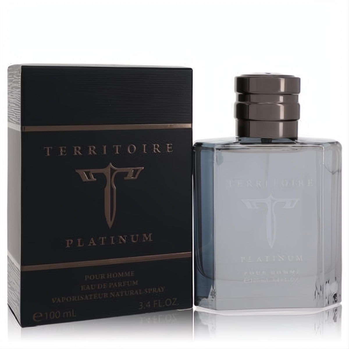 Territoire Platinum men's 3.4 oz cologne. Bold black box with bronze "T" logo, elegant clear glass bottle, dark cap.