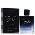 Territoire Wild 3.4 oz men's Eau De Parfum in a sleek dark blue gradient glass bottle with its elegant black box.