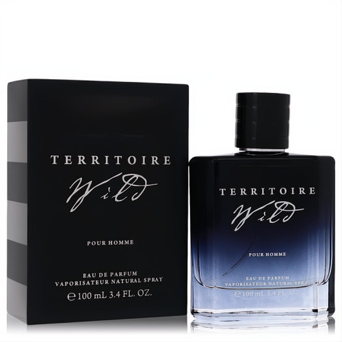 Territoire Wild 3.4 oz men's Eau De Parfum in a sleek dark blue gradient glass bottle with its elegant black box.