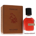Terroni by Orto Parisi 1.7 oz unisex parfum. Amber-red fragrance in clear bottle, with earthy brown box featuring unique red root art.