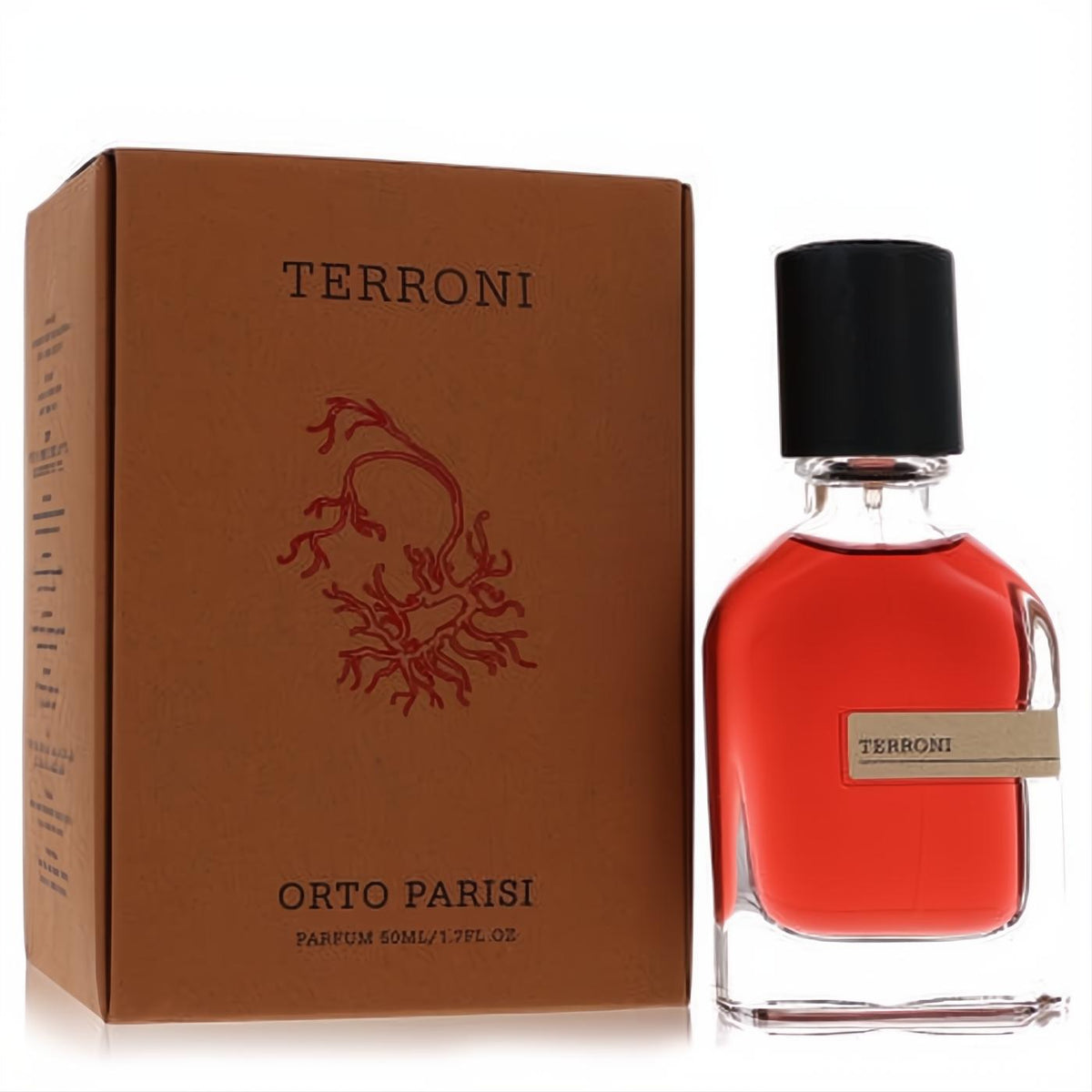 Terroni by Orto Parisi 1.7 oz unisex parfum. Amber-red fragrance in clear bottle, with earthy brown box featuring unique red root art.