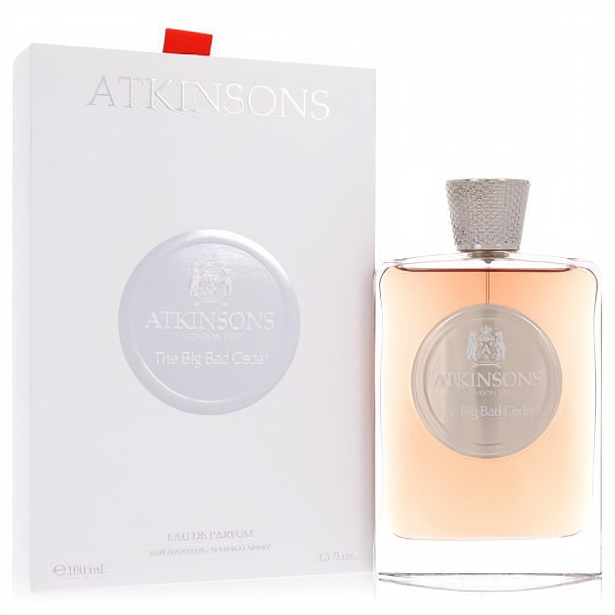Atkinsons The Big Bad Cedar unisex EDP 3.3 oz, amber liquid in a sleek glass bottle with a silver cap, next to its elegant white box.