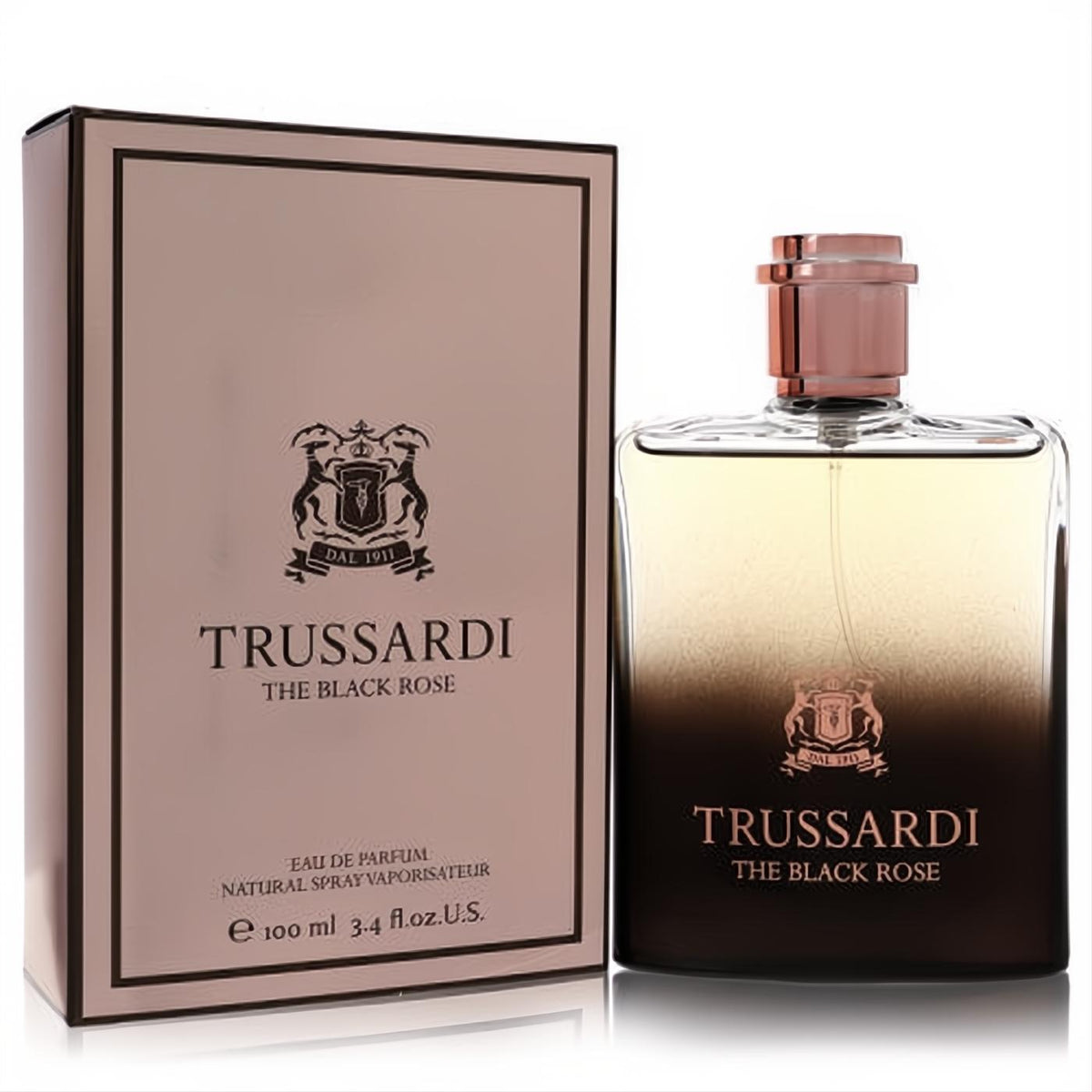 Stunning Trussardi The Black Rose 100ml Eau De Parfum. Features a rose gold cap, ombre dark glass bottle, and matching blush box.