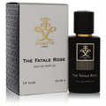 Sophisticated Fanette The Fatale Rose 1.7 oz Eau De Parfum. Matte black bottle with gold logo and cap, paired with its elegant grey box.