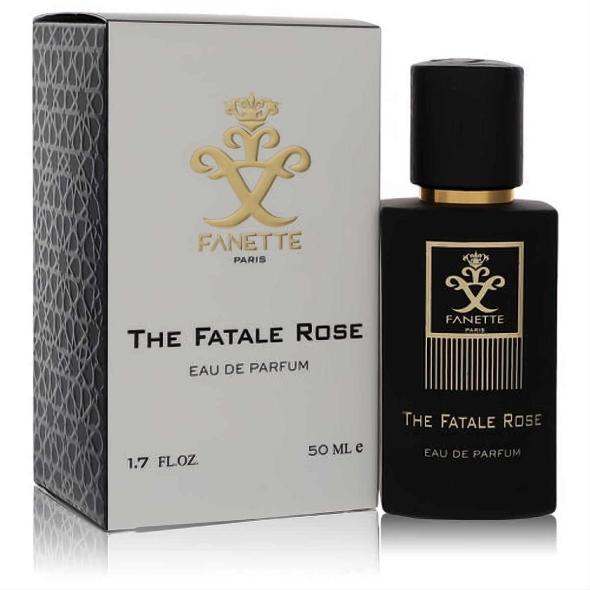 Sophisticated Fanette The Fatale Rose 1.7 oz Eau De Parfum. Matte black bottle with gold logo and cap, paired with its elegant grey box.
