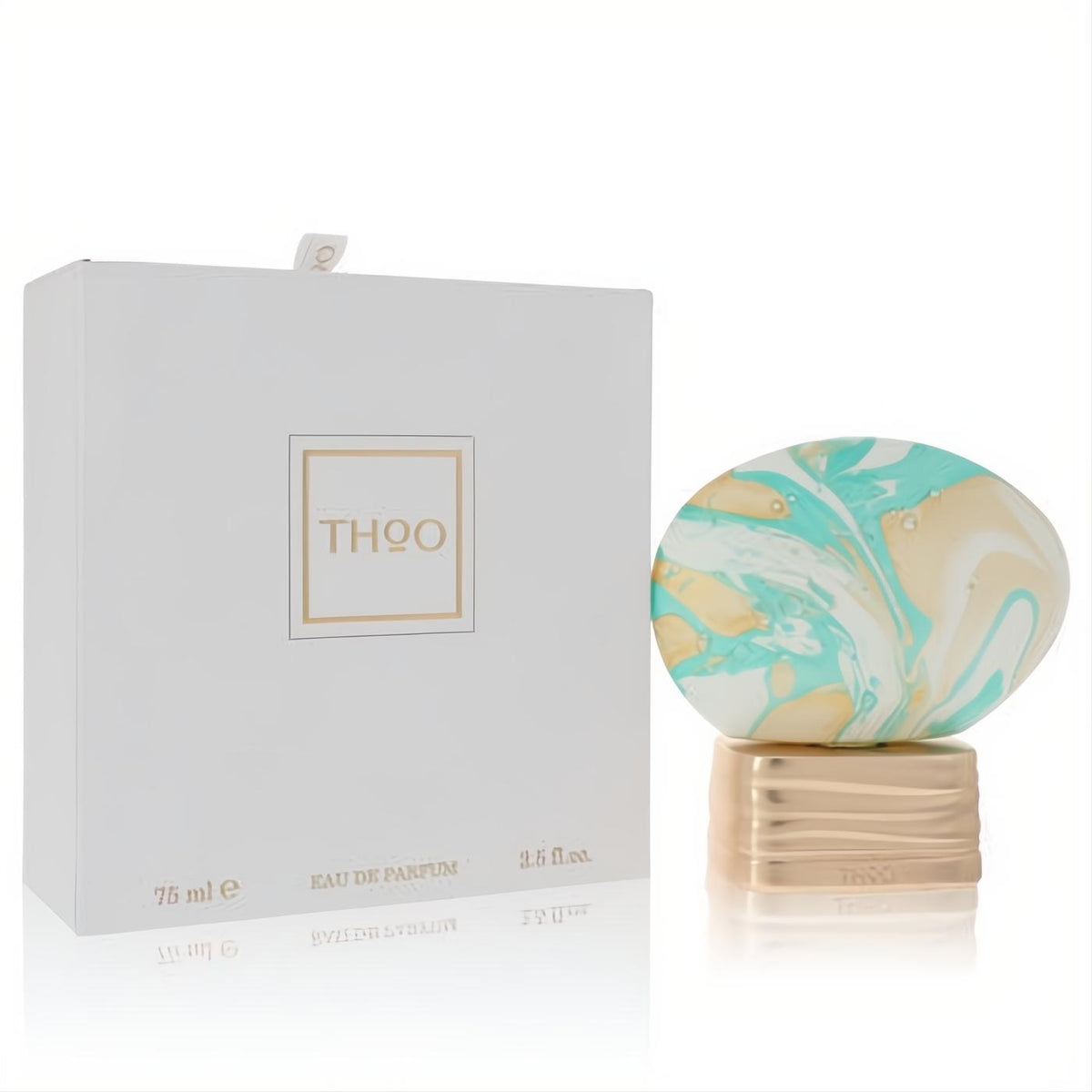 THOO Up To The Moon 2.5 oz unisex EDP. Marbled white, teal, and gold egg-shaped bottle on a textured gold base, beside a crisp white box.