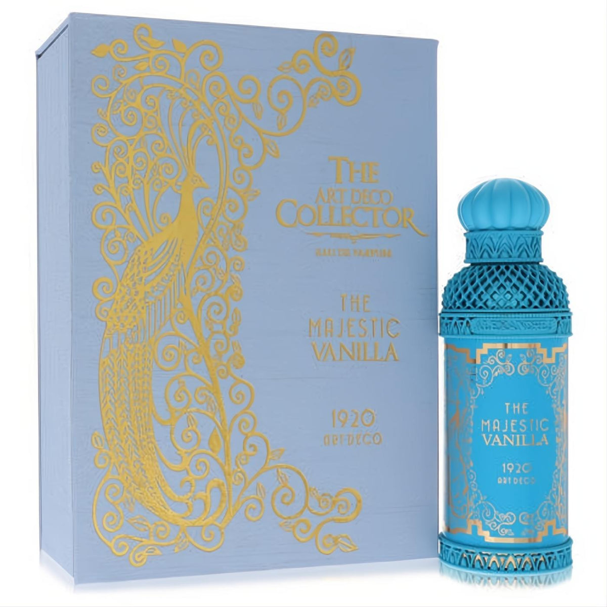 Majestic Vanilla by Alexandre J: Luxurious light blue Art Deco perfume bottle with gold peacock design, sculpted cap, and matching presentation box.