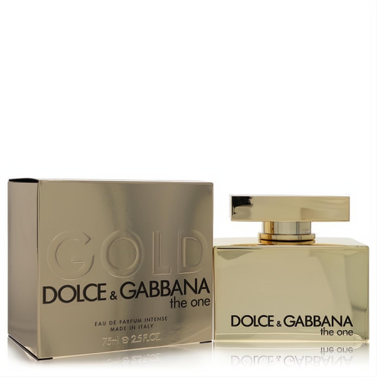 Luxurious Dolce & Gabbana The One Gold 2.5 oz Eau De Parfum Intense, sleek gold bottle and matching box.