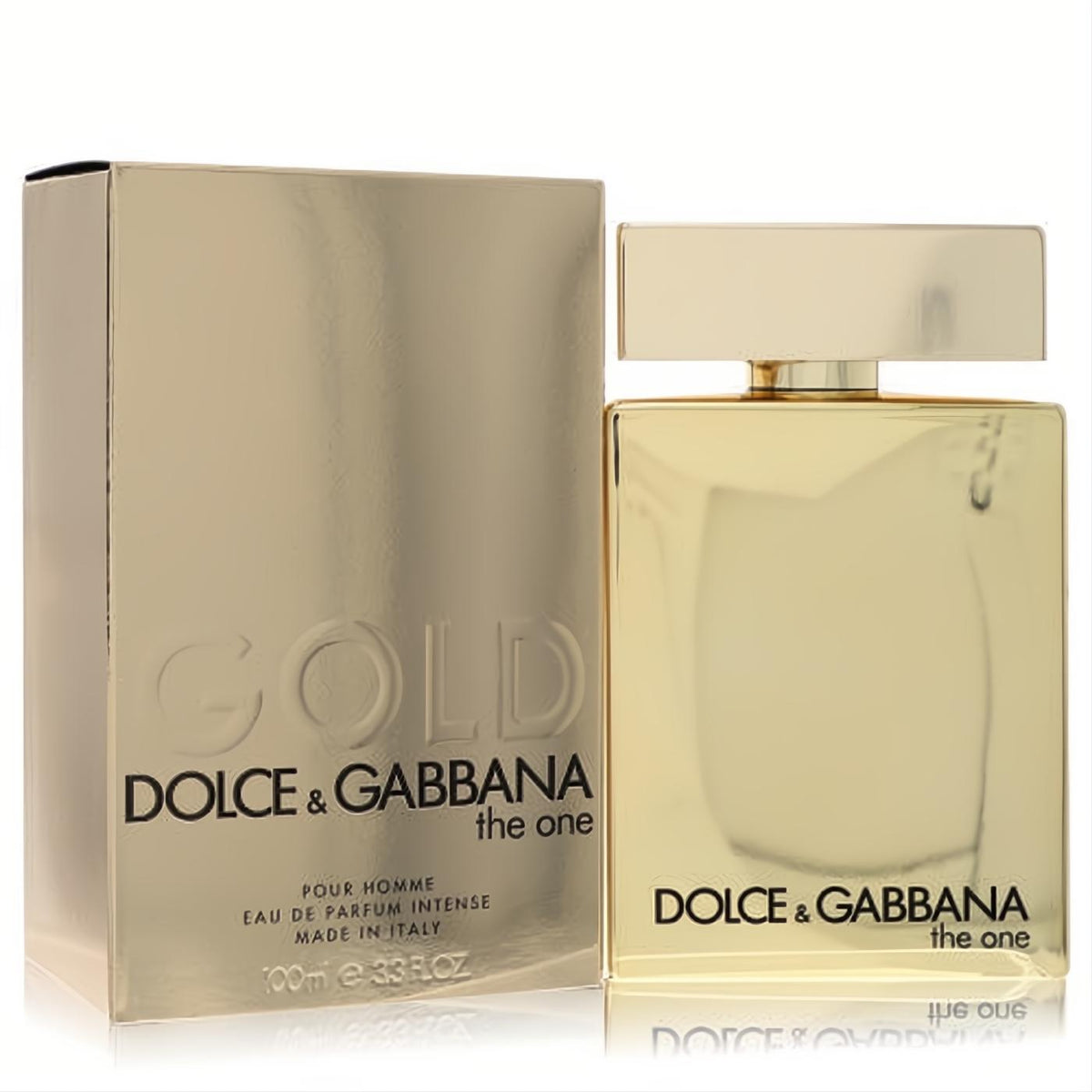Dolce & Gabbana The One Gold Eau De Parfum Intense 3.4 oz. Luxurious gold bottle and matching box for men.
