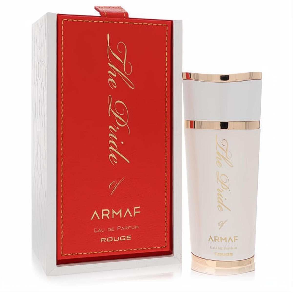 The Pride Of Armaf Rouge 3.4 oz women's EDP. Elegant white bottle with gold trim, presented in a luxurious red and white gift box.