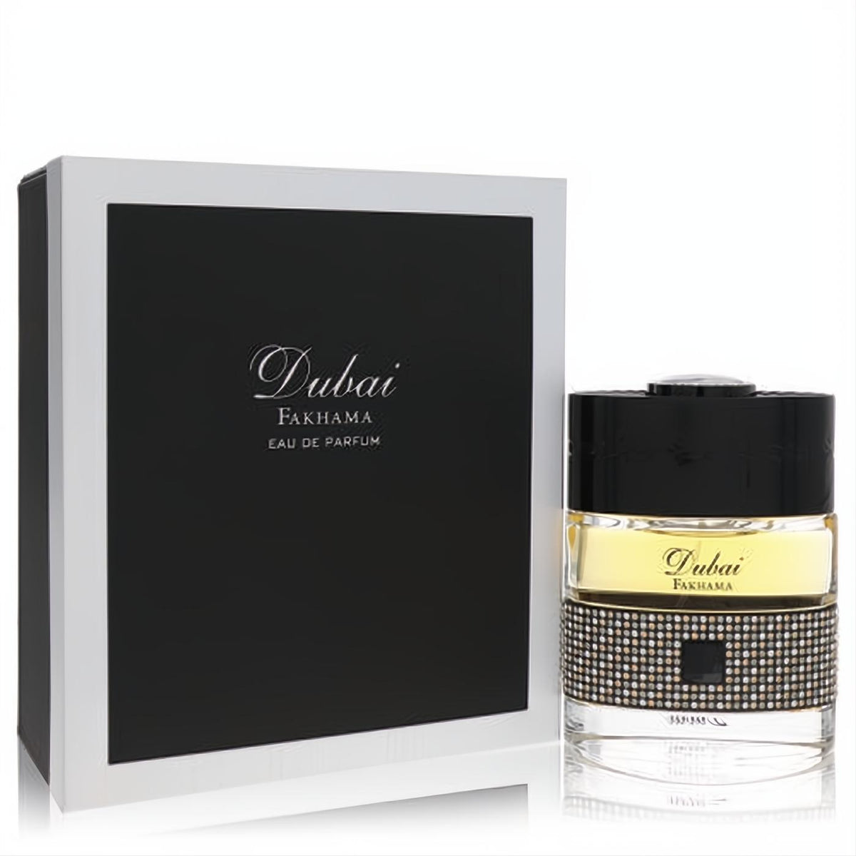 Luxurious The Spirit of Dubai Fakhama unisex EDP, 1.7 oz, in a dazzling crystal-studded gold and black bottle with elegant box.