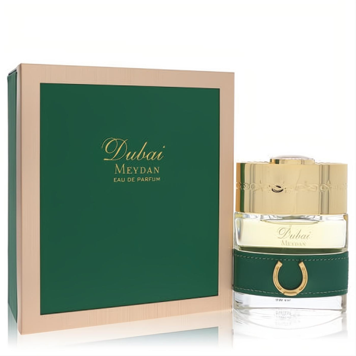 Exquisite The Spirit of Dubai Meydan 1.7 oz unisex EDP spray bottle, featuring green leather, gold buckle, and elegant matching box.