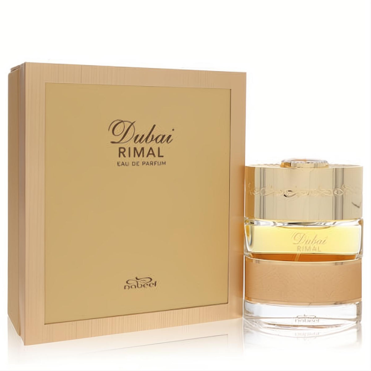 Luxurious The Spirit of Dubai Rimal Eau De Parfum. Golden bottle with ornate cap and elegant matching gold box.