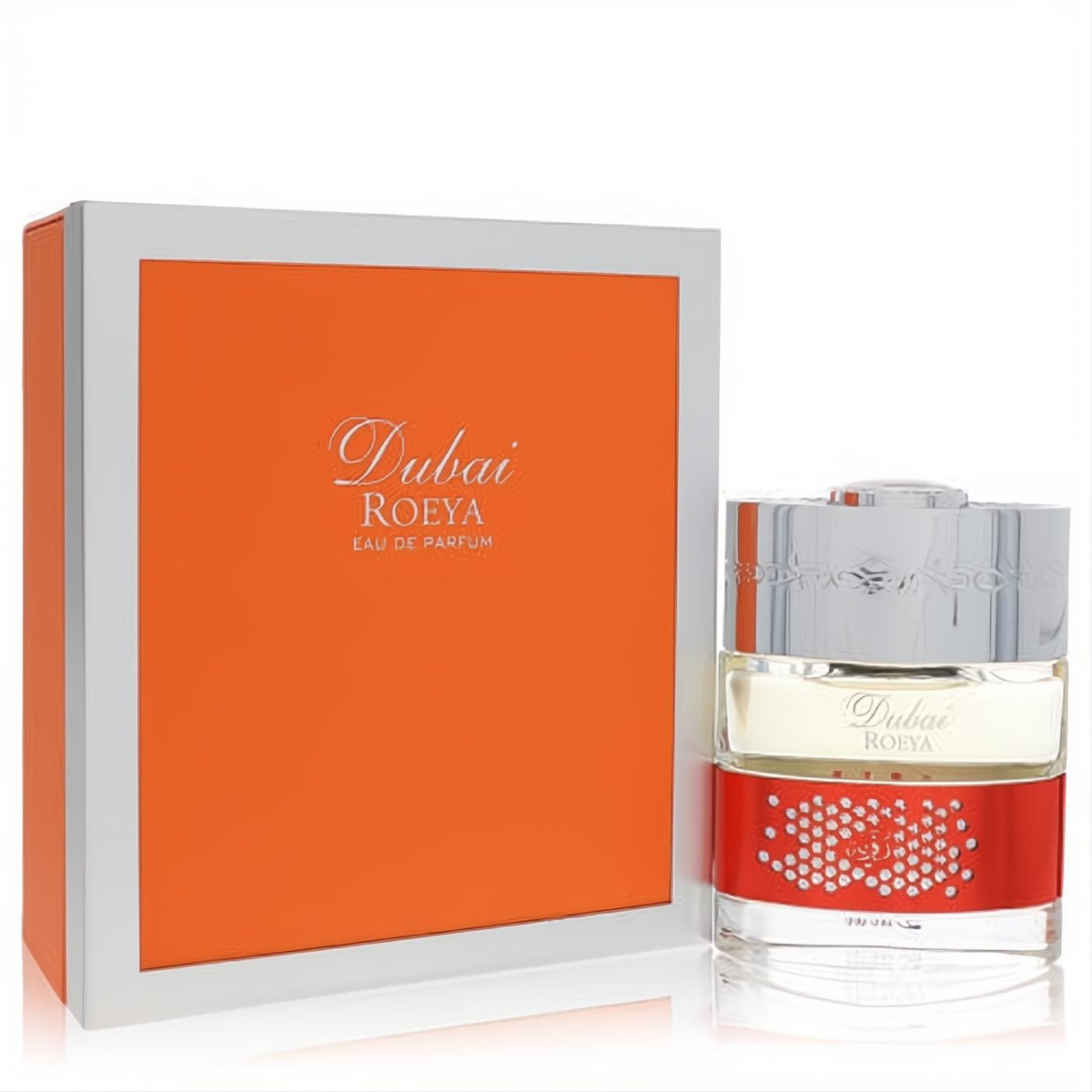 Luxurious The Spirit of Dubai Roeya 1.7 oz unisex EDP. Elegant bottle with sparkling red crystals, ornate silver cap, and vibrant orange box.
