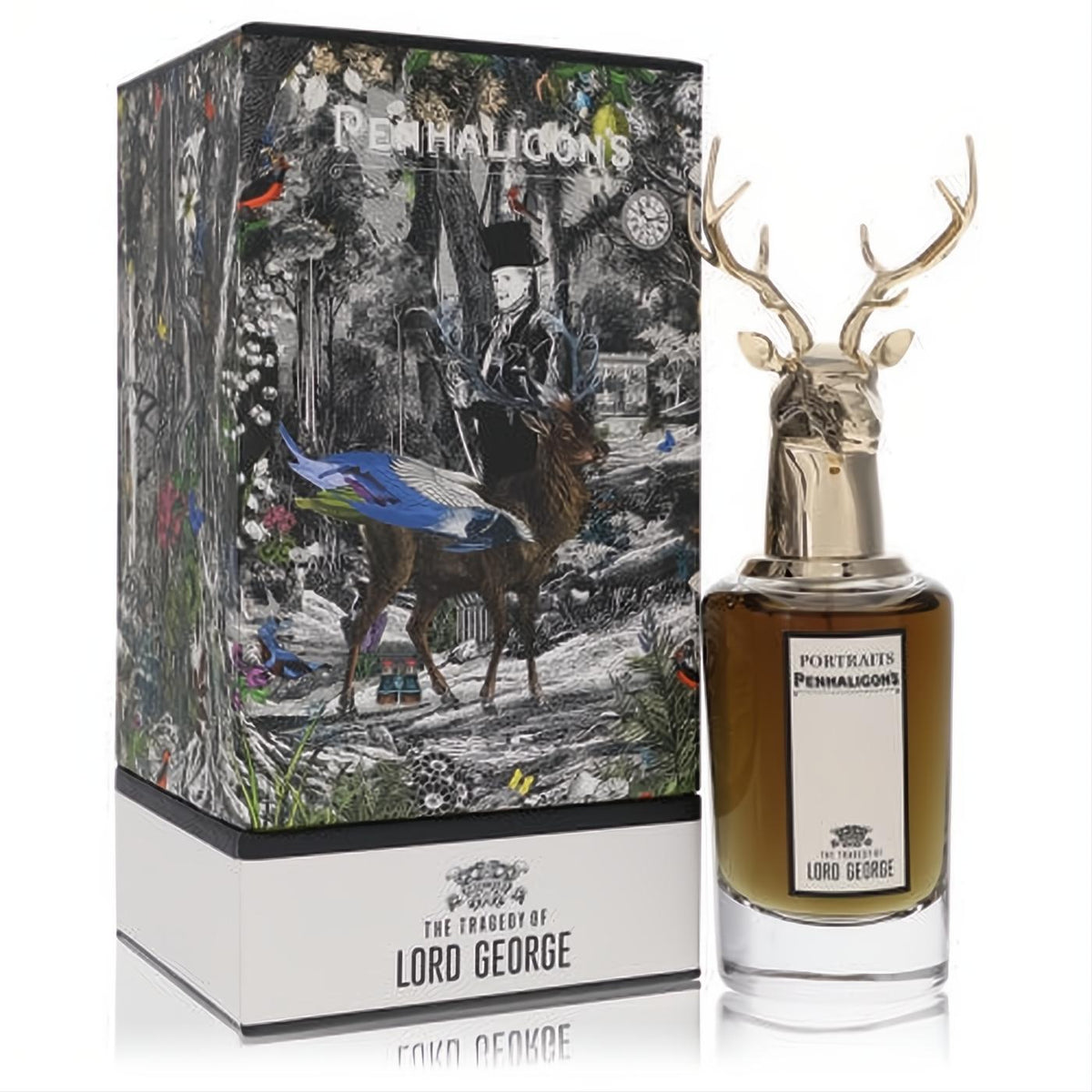 Penhaligon's Lord George 2.5 oz EDP: amber bottle with a distinctive gold stag head cap, beside its richly illustrated dark box.
